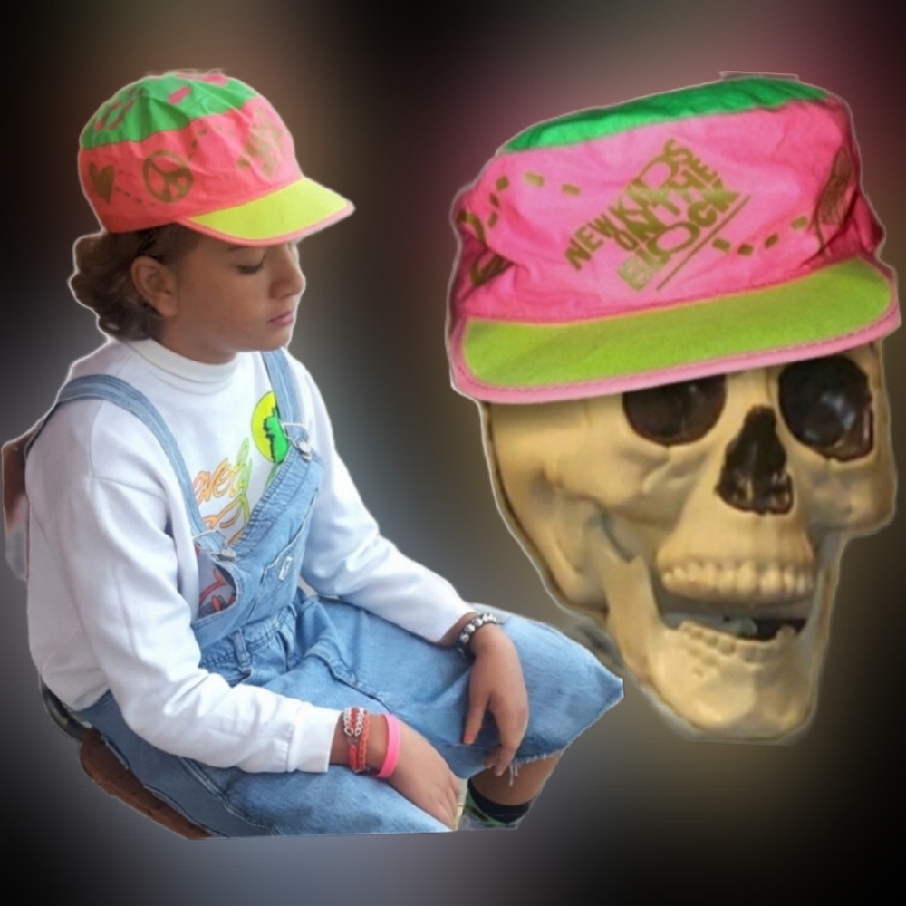 Vtg 80s neon pink grn New Kids on the block hands graphics newsboy hat cap rare